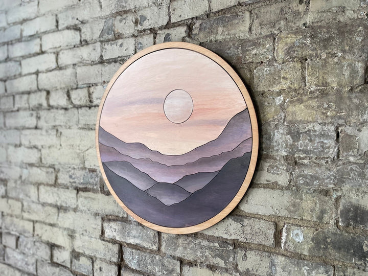 Purple Mountain Cliffs Landscape Round Wood Wall Art - Vintage Adventures, LLC