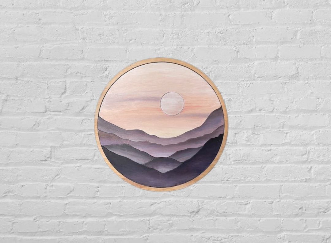 Purple Mountain Cliffs Landscape Round Wood Wall Art - Vintage Adventures, LLC