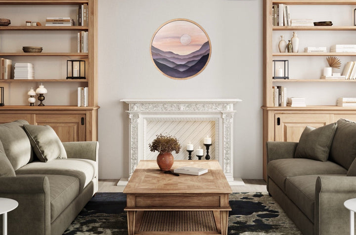 Purple Mountain Cliffs Landscape Round Wood Wall Art - Vintage Adventures, LLC