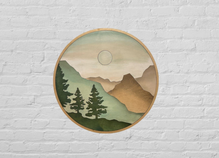 Round Mountain Sun Trees Wood Wall Art | Boho Mountain and Tree Wall Hanging | Minimalistic Living Room Decor - Vintage Adventures