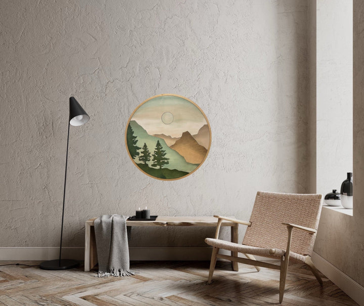 Round Mountain Sun Trees Wood Wall Art | Boho Mountain and Tree Wall Hanging | Minimalistic Living Room Decor - Vintage Adventures