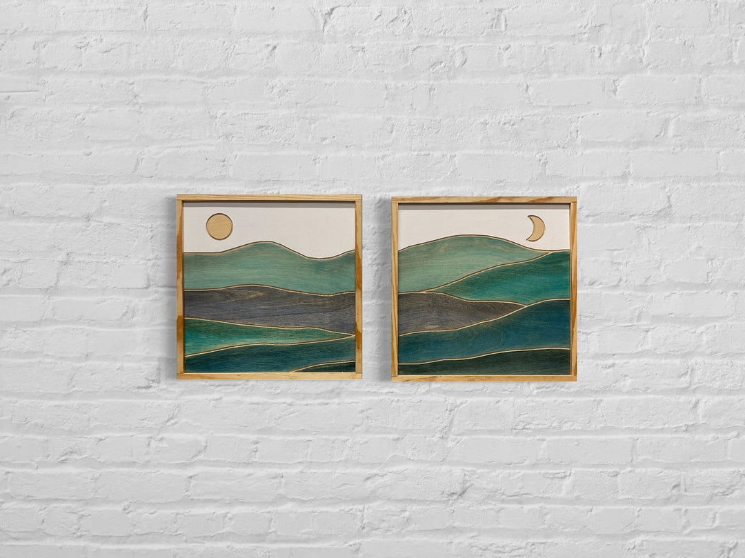 Small 2-Piece Blue Mountain Wood Wall Art Set - Vintage Adventures, LLC