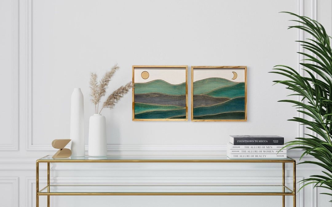 Small 2-Piece Blue Mountain Wood Wall Art Set - Vintage Adventures, LLC