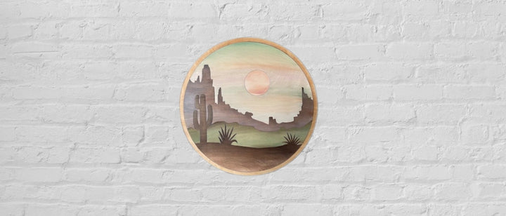 Southwest Desert Mountain Landscape Round Wood Wall Art - Vintage Adventures, LLC