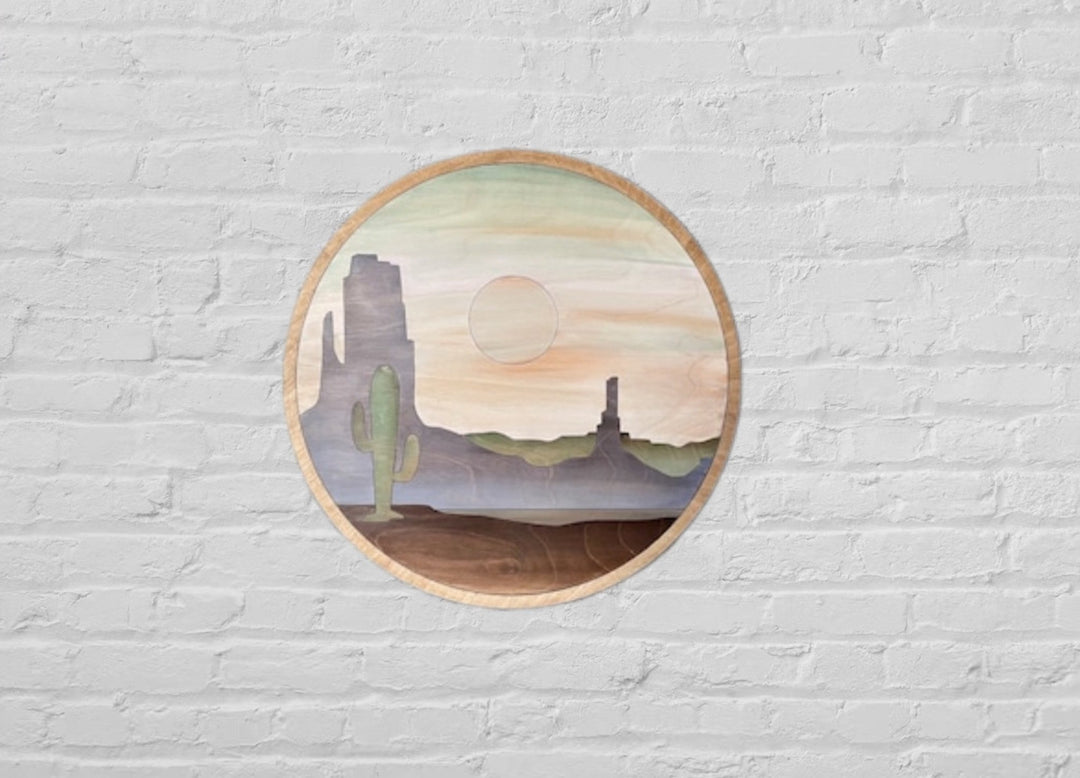 Southwest Desert Mountain Mesa Round Wood Wall Art - Vintage Adventures, LLC