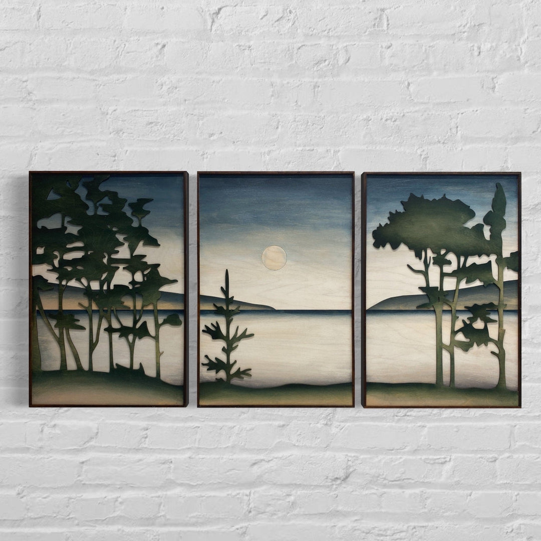 Lake Landscape Wood Wall Art | 3D Framed Lake Michigan Wooden Wall Hanging | 3 Piece Nature Landscape Large Wall Art for Living Room - Vintage Adventures