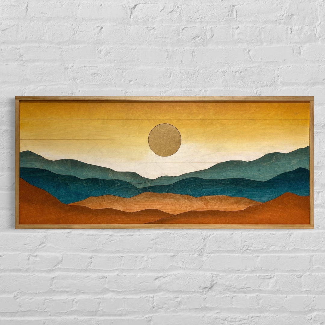 Long Sunset Mountain Landscape Wood Wall Art | Landscape Wooden Wall Hanging | Hand Painted Watercolor Home Decor for Over the Bed - Vintage Adventures