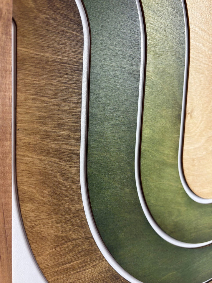 Mid Century Modern Wood Wall Art | Retro Wall Hanging | 2 - Piece Set | Wave Pattern Art | Green and Tan Watercolor Art - Vintage Adventures