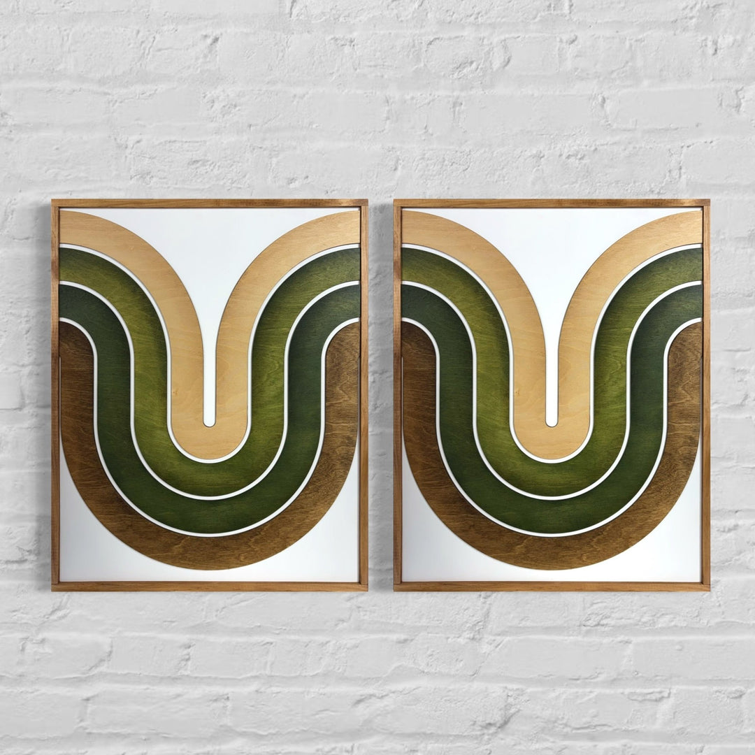 Mid Century Modern Wood Wall Art | Retro Wall Hanging | 2 - Piece Set | Wave Pattern Art | Green and Tan Watercolor Art - Vintage Adventures
