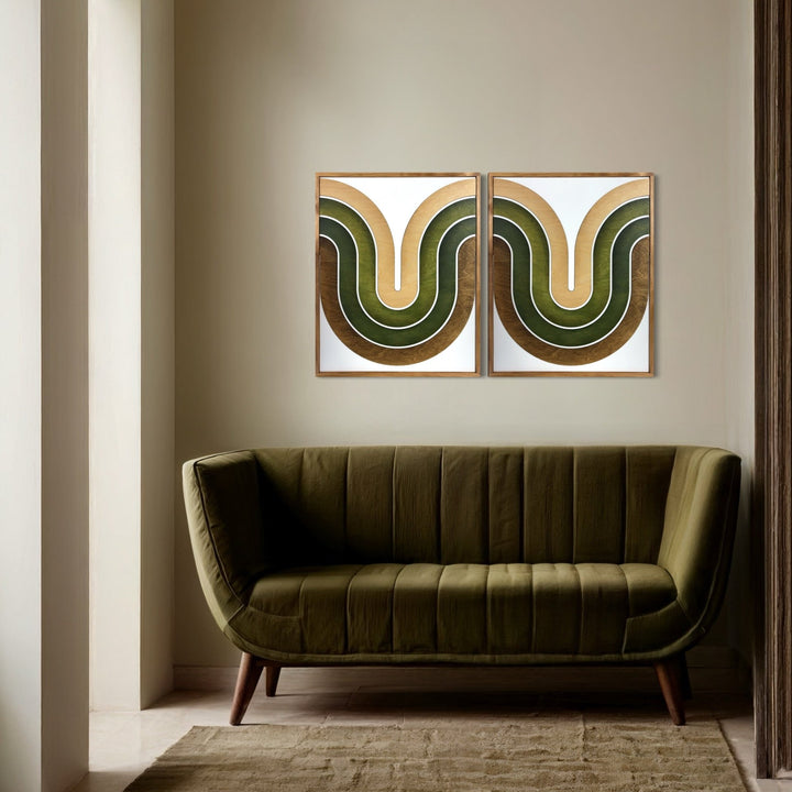 Mid Century Modern Wood Wall Art | Retro Wall Hanging | 2 - Piece Set | Wave Pattern Art | Green and Tan Watercolor Art - Vintage Adventures