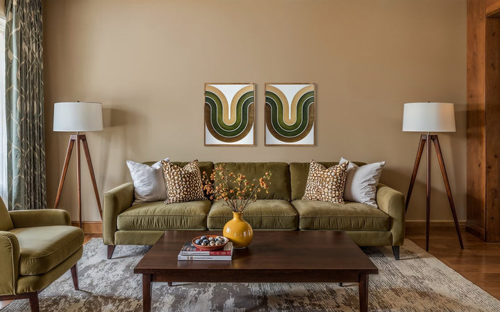 Mid Century Modern Wood Wall Art | Retro Wall Hanging | 2 - Piece Set | Wave Pattern Art | Green and Tan Watercolor Art - Vintage Adventures