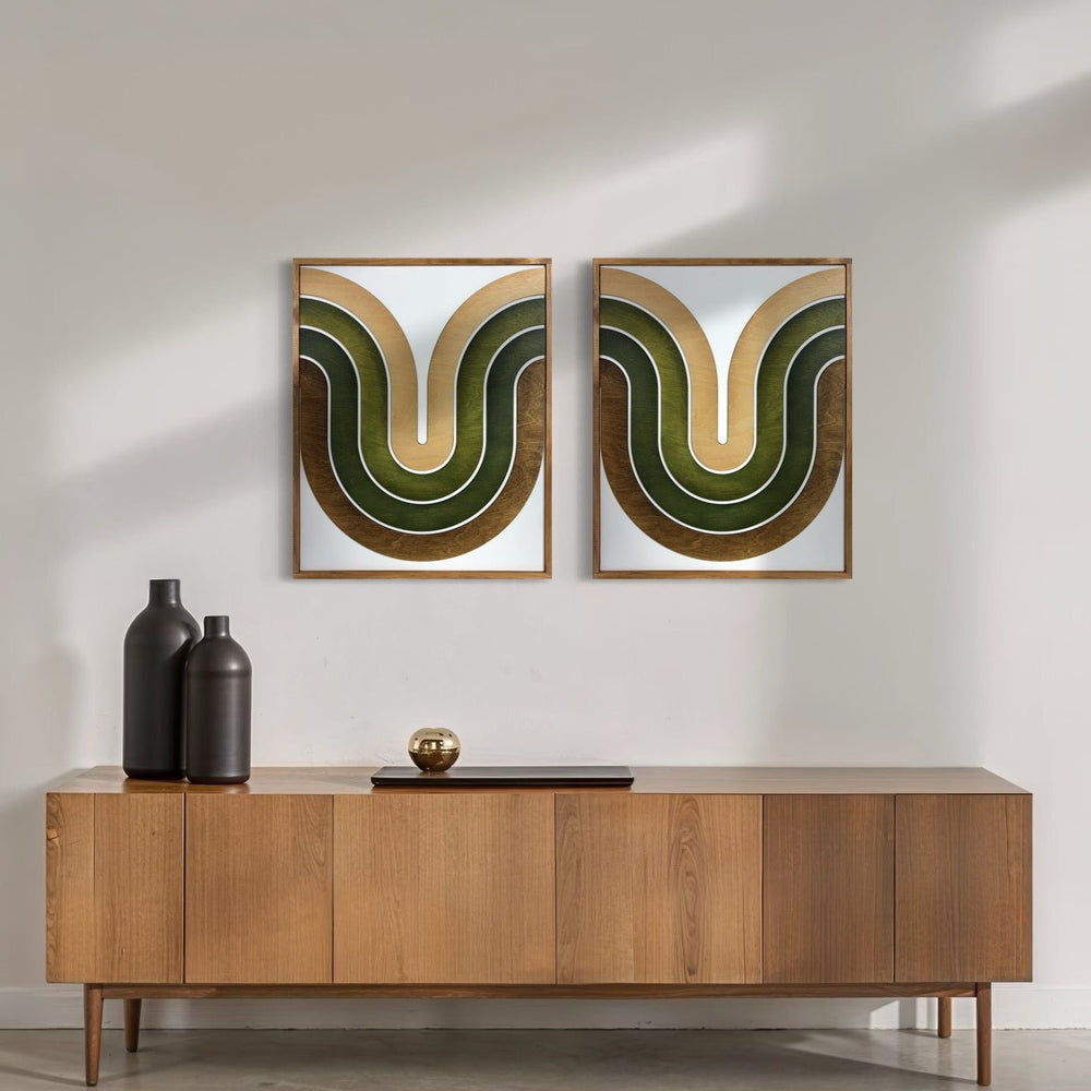 Mid Century Modern Wood Wall Art | Retro Wall Hanging | 2 - Piece Set | Wave Pattern Art | Green and Tan Watercolor Art - Vintage Adventures