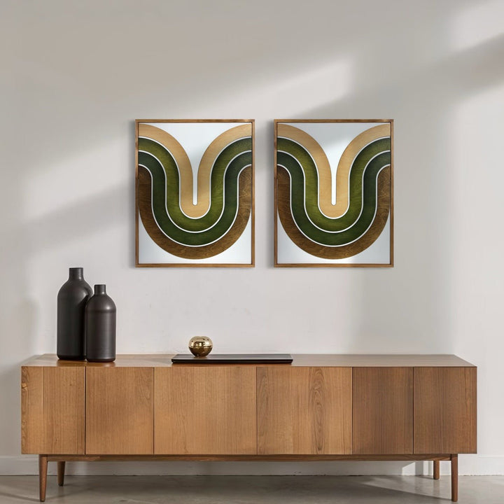 Mid Century Modern Wood Wall Art | Retro Wall Hanging | 2 - Piece Set | Wave Pattern Art | Green and Tan Watercolor Art - Vintage Adventures