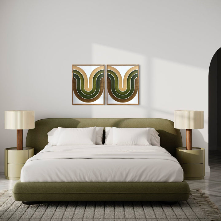 Mid Century Modern Wood Wall Art | Retro Wall Hanging | 2 - Piece Set | Wave Pattern Art | Green and Tan Watercolor Art - Vintage Adventures