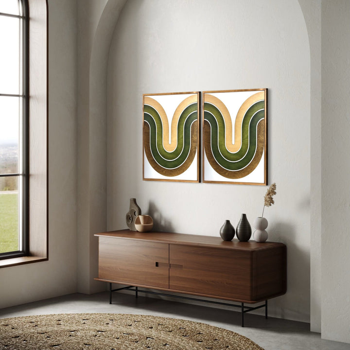 Mid Century Modern Wood Wall Art | Retro Wall Hanging | 2 - Piece Set | Wave Pattern Art | Green and Tan Watercolor Art - Vintage Adventures
