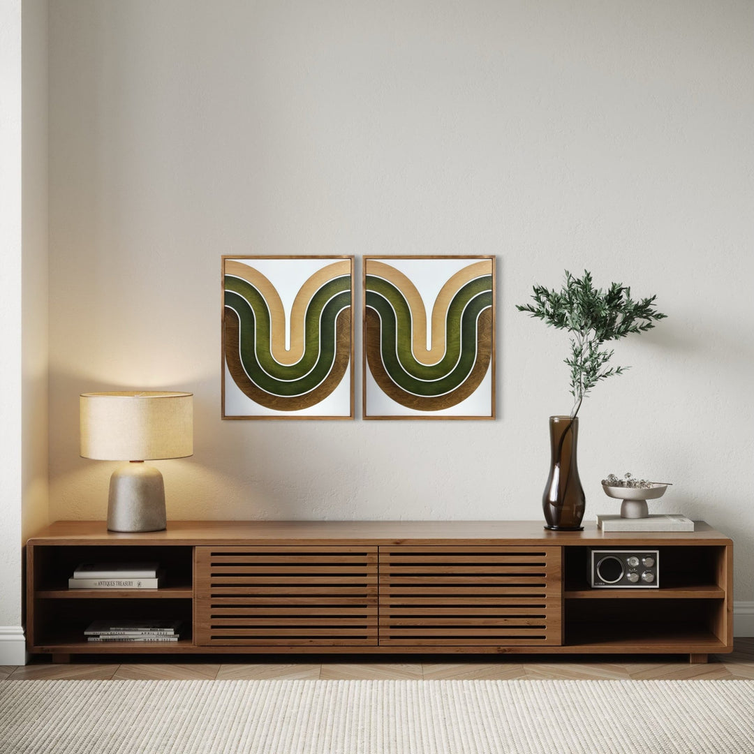 Mid Century Modern Wood Wall Art | Retro Wall Hanging | 2 - Piece Set | Wave Pattern Art | Green and Tan Watercolor Art - Vintage Adventures