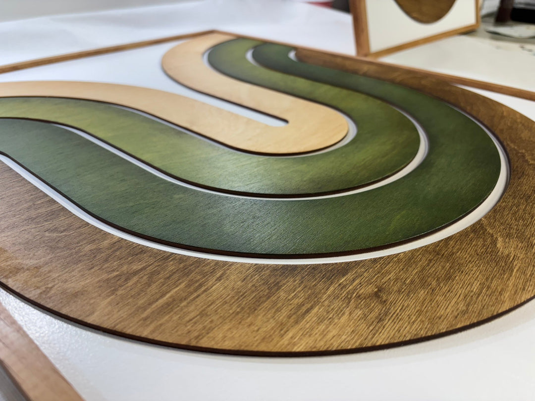 Mid Century Modern Wood Wall Art | Retro Wall Hanging | 2 - Piece Set | Wave Pattern Art | Green and Tan Watercolor Art - Vintage Adventures