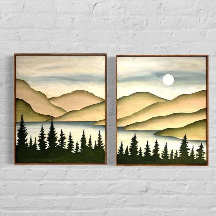 Mountain Lake Organic Modern Wood Wall Art | 3D Wooden Mountain Stream Wall Hanging | 2 piece Gallery Wall Art Decor for Living Room - Vintage Adventures