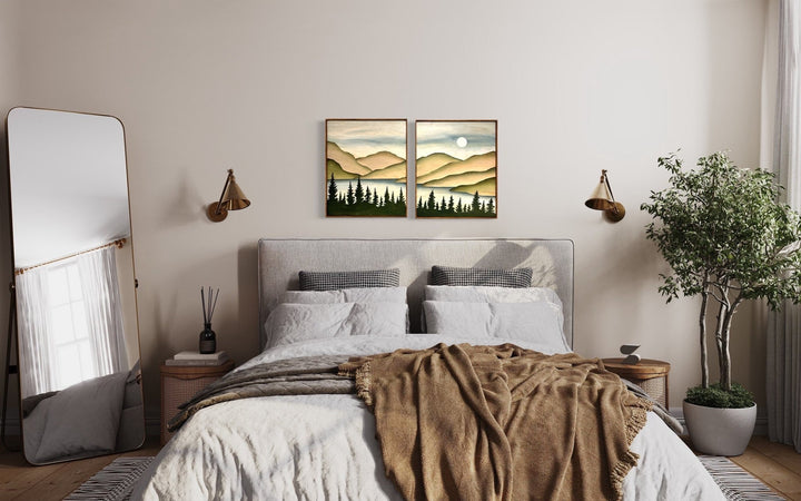 Mountain Lake Organic Modern Wood Wall Art | 3D Wooden Mountain Stream Wall Hanging | 2 piece Gallery Wall Art Decor for Living Room - Vintage Adventures