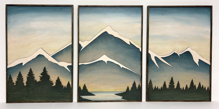 Mountain Landscape Wood Wall Art | 3D Framed Mountain Lake Wooden Wall Hanging | 3 Piece Nature Landscape Large Wall Art for Living Room - Vintage Adventures