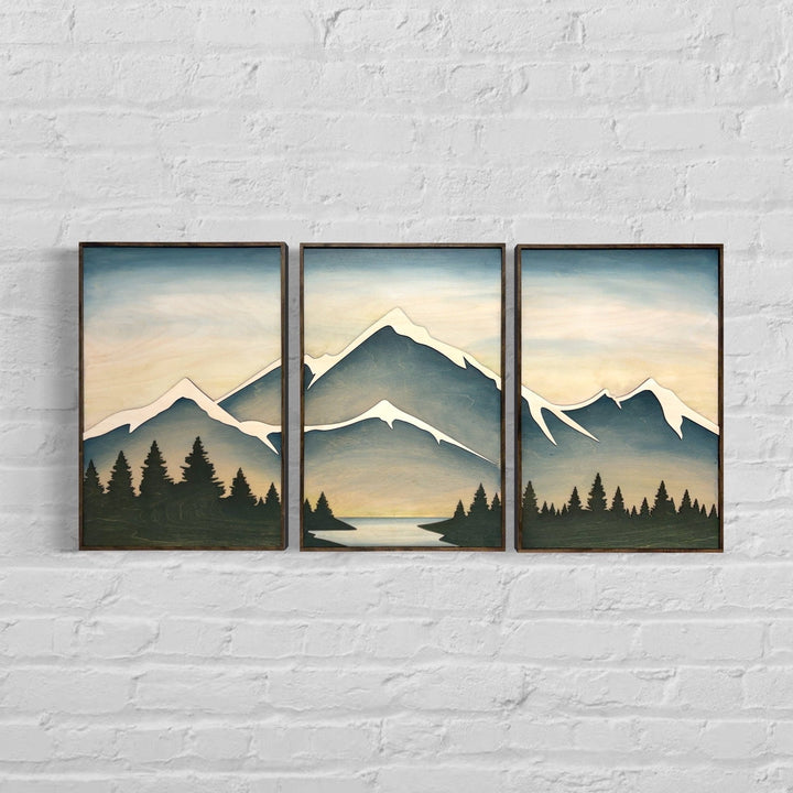 Mountain Landscape Wood Wall Art | 3D Framed Mountain Lake Wooden Wall Hanging | 3 Piece Nature Landscape Large Wall Art for Living Room - Vintage Adventures