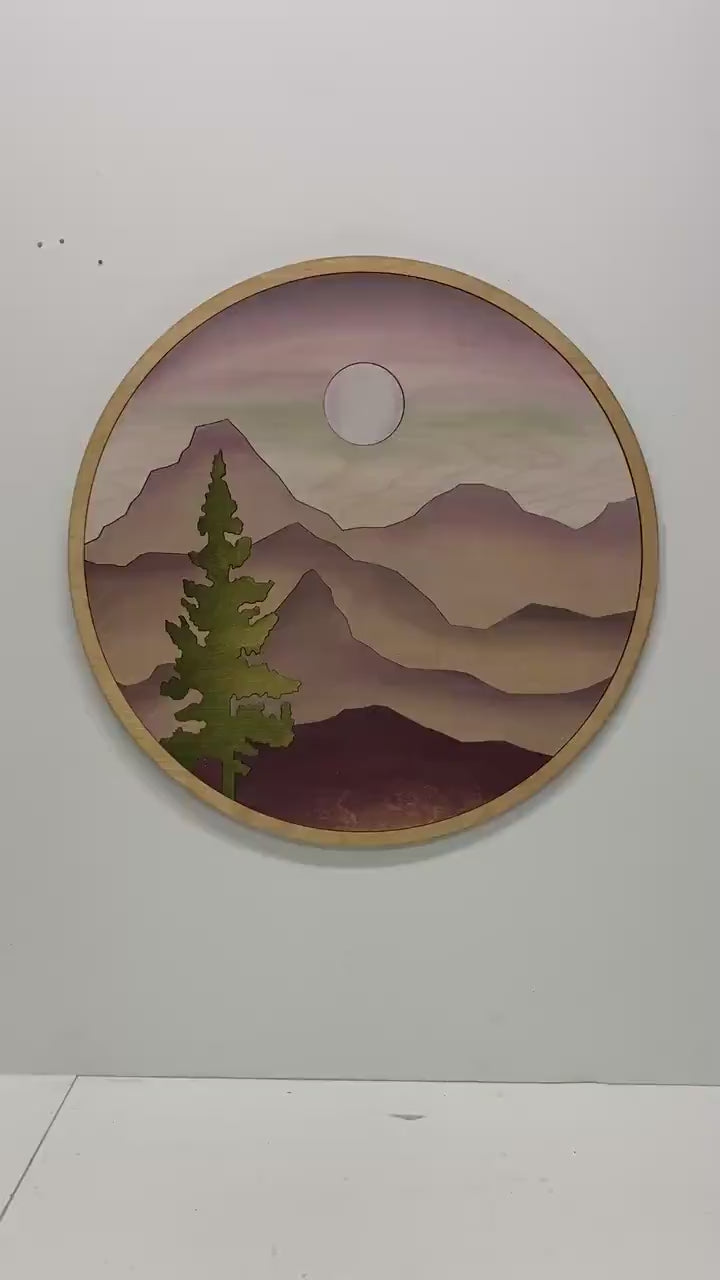 Purple Round Mountain Sun Trees Wood Wall Art | Boho Mountain and Tree Wood Wall Art | Round Wall Art for Living Room