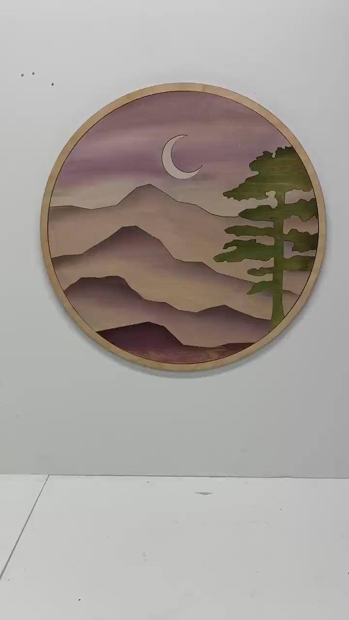 Purple Round Mountain moon | circle Trees Wood Wall Art | Boho Mountain and Tree Wood Wall Art | Round Wall Art for Living Room