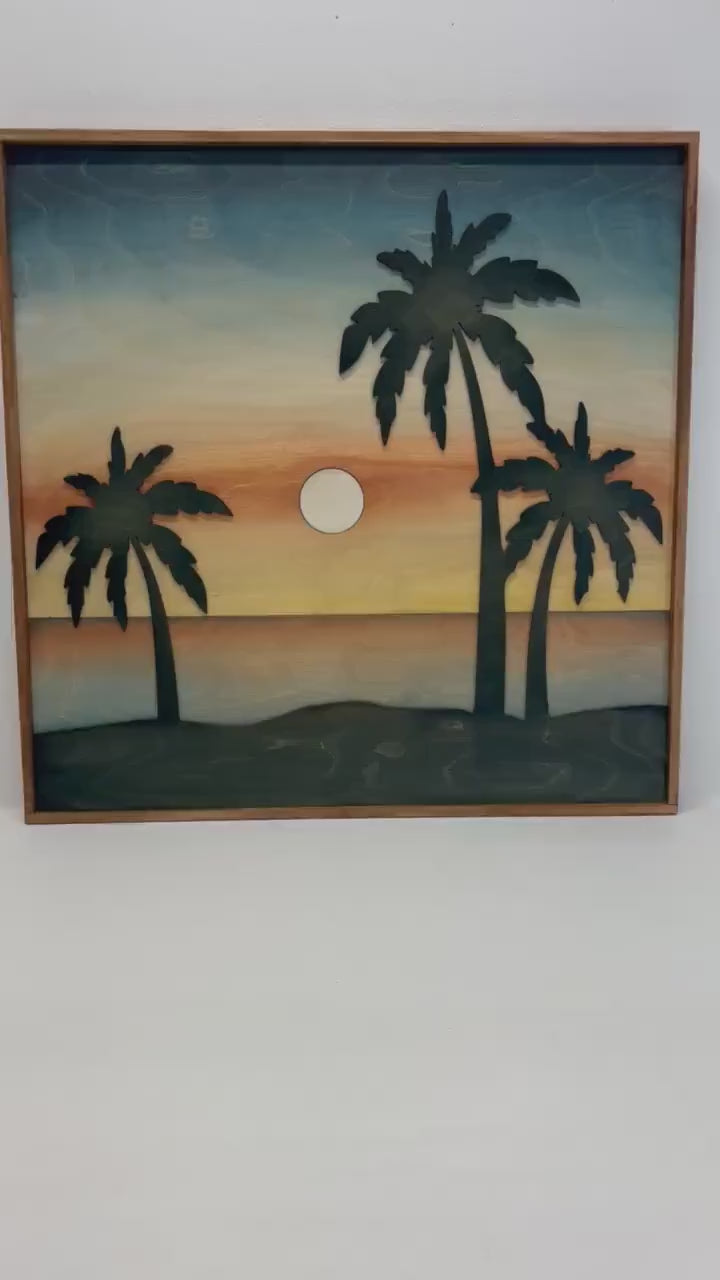 Sunset Coastal Beach Landscape Wood Wall Art | 3D Ocean Palm Tree Landscape Wooden Wall Art | Landscape Wall Hanging Beach House gift