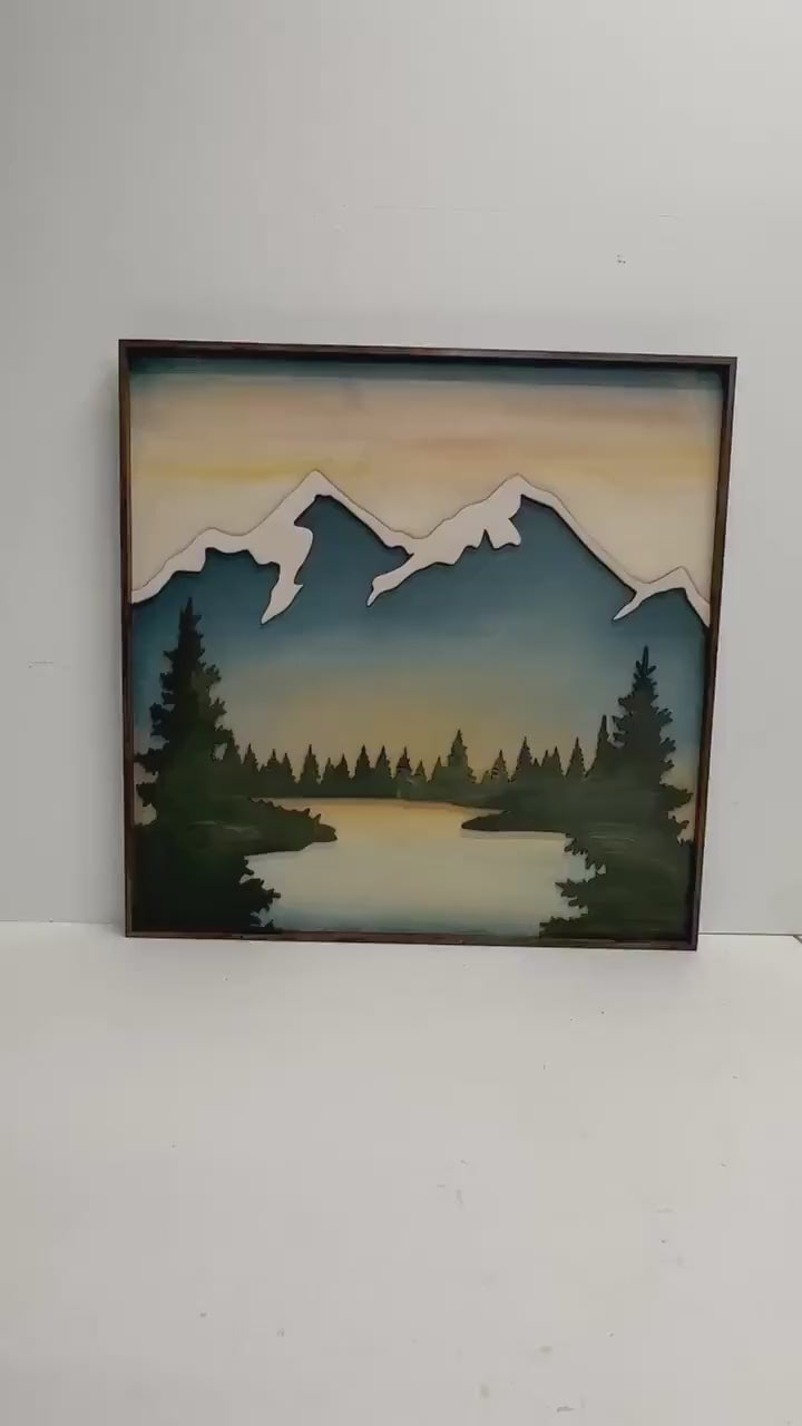 Forest Stream Wood Wall Art | Sunset Wilderness Wooden Wall Hanging | 3D Mountain Cabin Gift for Him