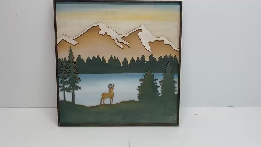 Deer Wood Wall Art |  Wilderness Wooden Wall  Hanging | Deer Mountain Gift for Him