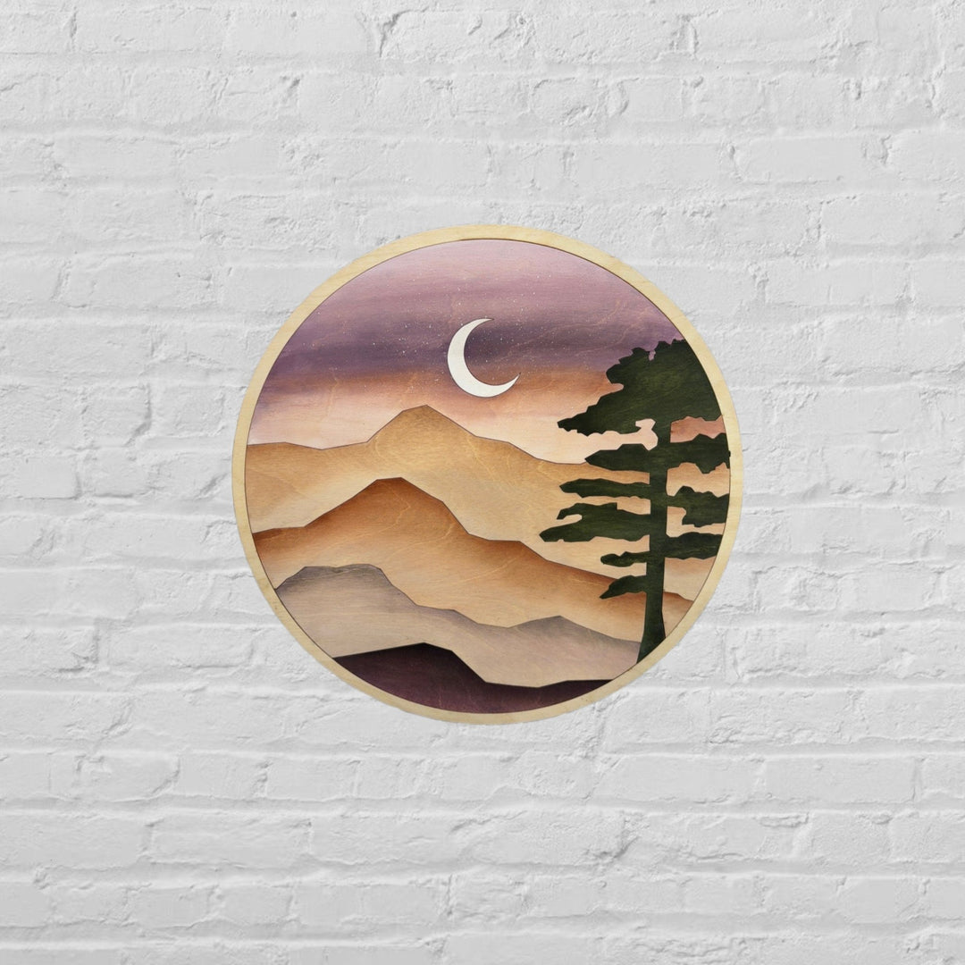 Round Sunset Mountain Wood Wall Art | Circle Night Sky Wooden Wall Hanging | Round Wall Art for Collage Living Room Decor - Vintage Adventures