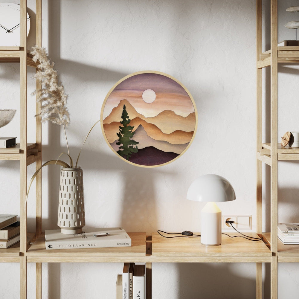Round Sunset Mountain Wood Wall Art | Circle Trees Wooden Wall Hanging | Round Wall Art for Collage Living Room Decor - Vintage Adventures