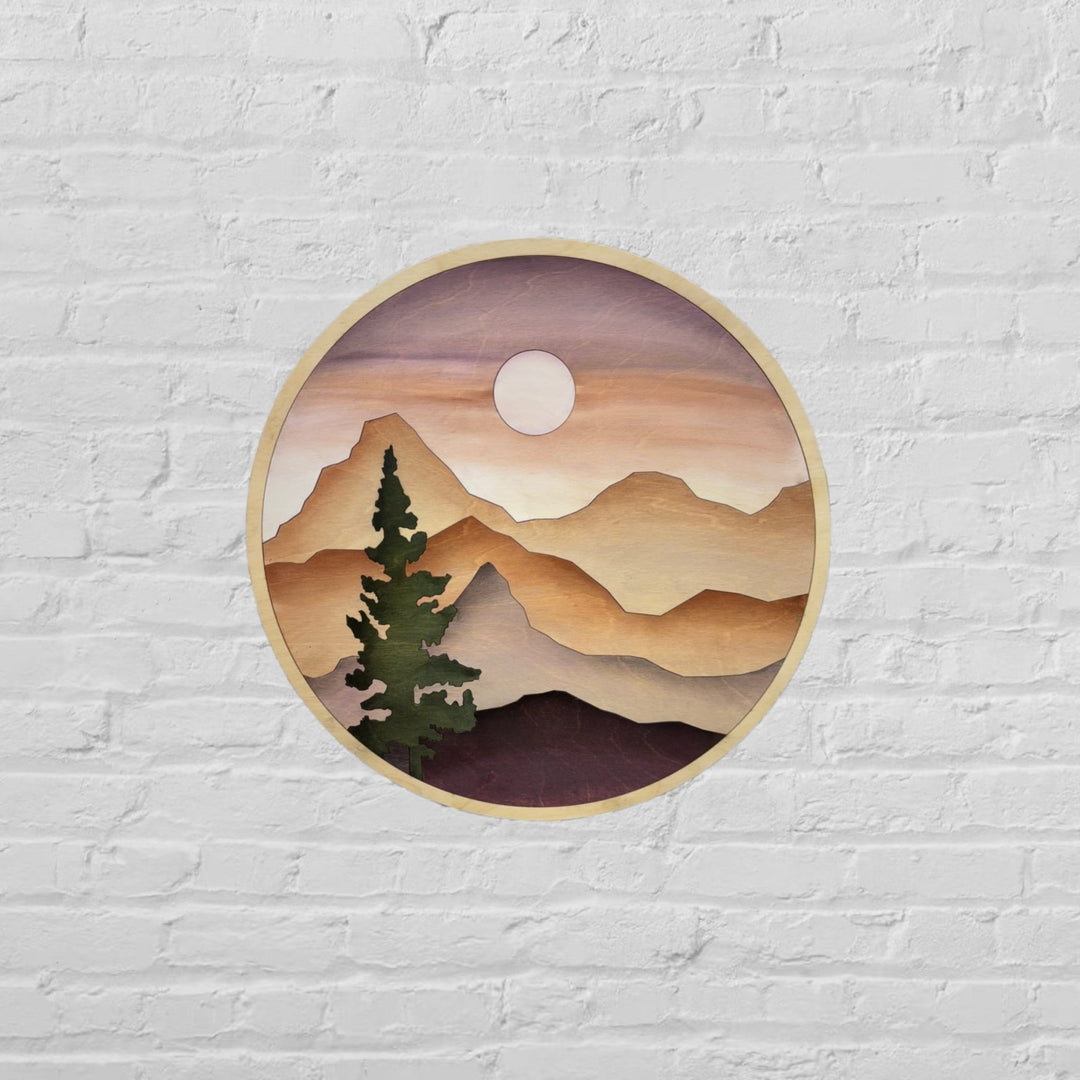 Round Sunset Mountain Wood Wall Art | Circle Trees Wooden Wall Hanging | Round Wall Art for Collage Living Room Decor - Vintage Adventures