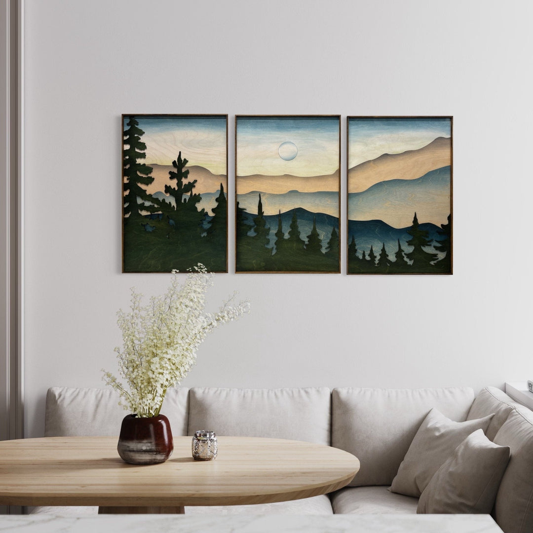 Smokey Mountain Landscape Wood Wall Art | 3D Framed Forest Wooden Wall Hanging | 3 Piece Nature Landscape Large Wall Art for Living Room - Vintage Adventures