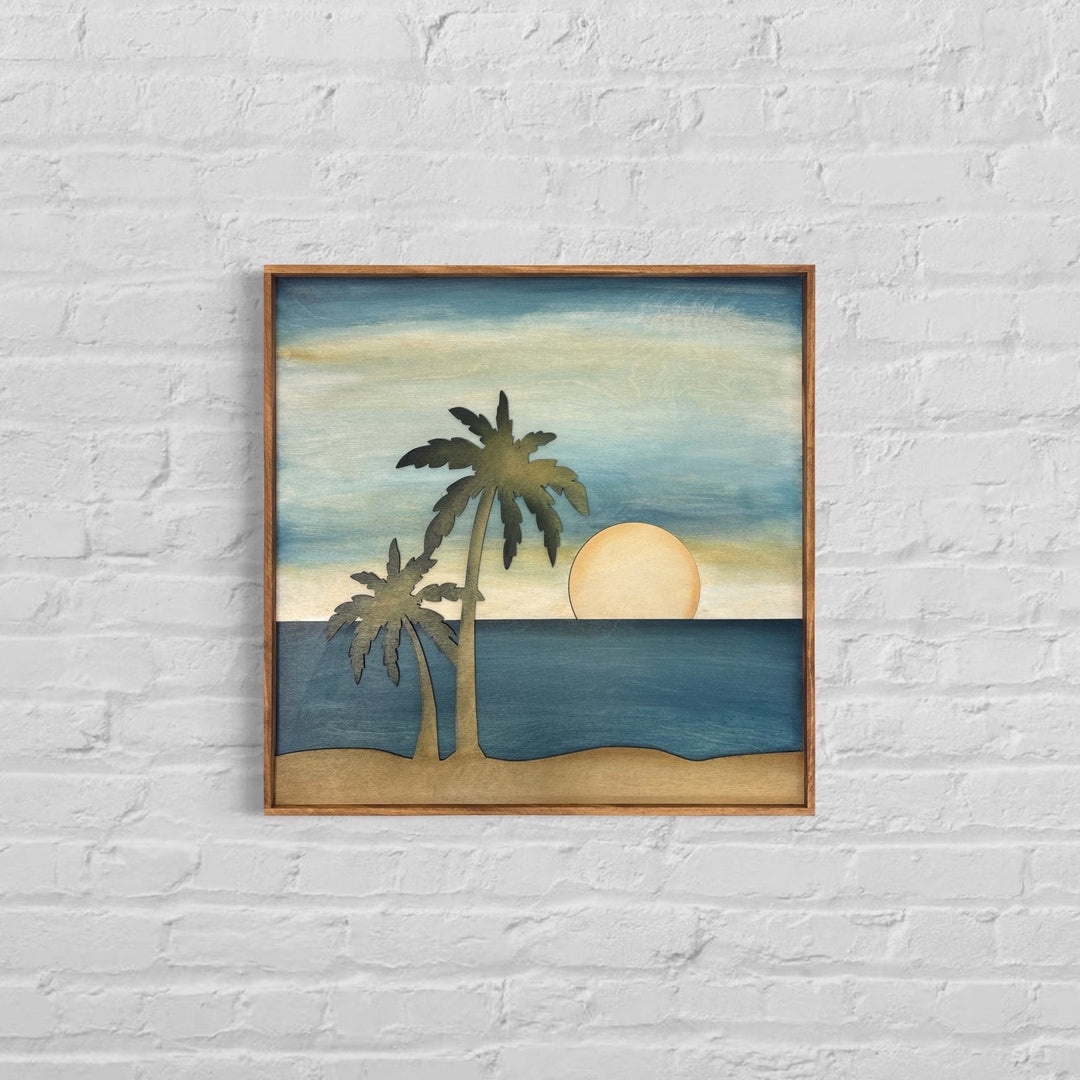 Sunset Beach Landscape Wood Wall Art | Coastal 3D Ocean Palm Tree Landscape Wooden Wall Hanging | Landscape Wall Hanging Beach House gift - Vintage Adventures