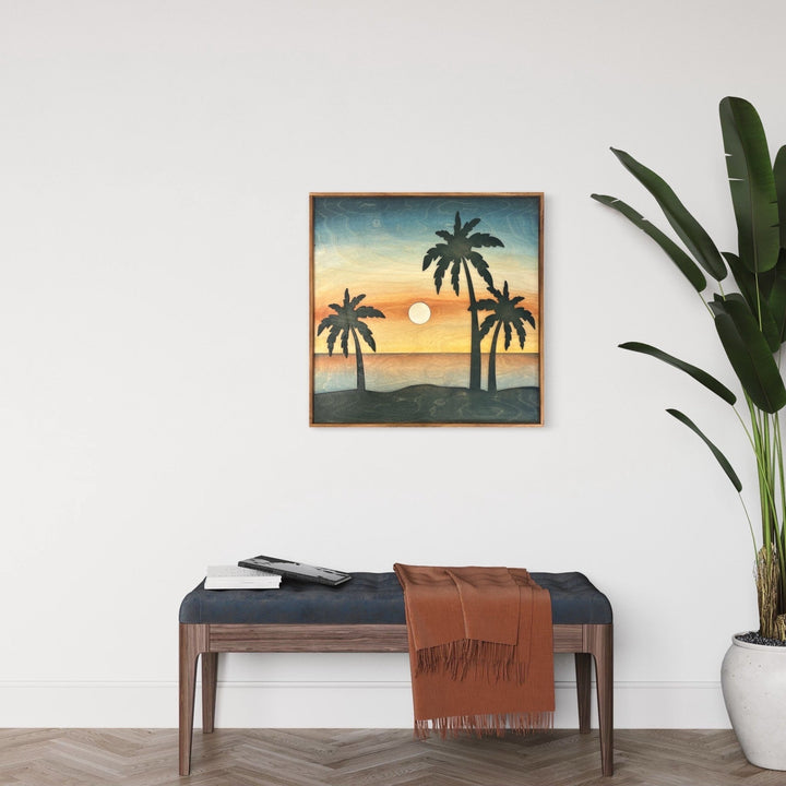 Sunset Coastal Beach Landscape Wood Wall Art | 3D Ocean Palm Tree Landscape Wooden Wall Art | Landscape Wall Hanging Beach House gift - Vintage Adventures
