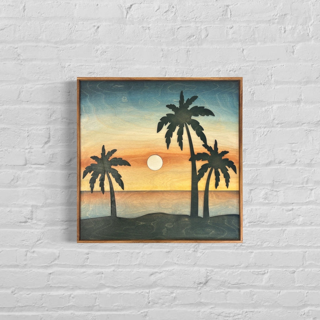 Sunset Coastal Beach Landscape Wood Wall Art | 3D Ocean Palm Tree Landscape Wooden Wall Art | Landscape Wall Hanging Beach House gift - Vintage Adventures