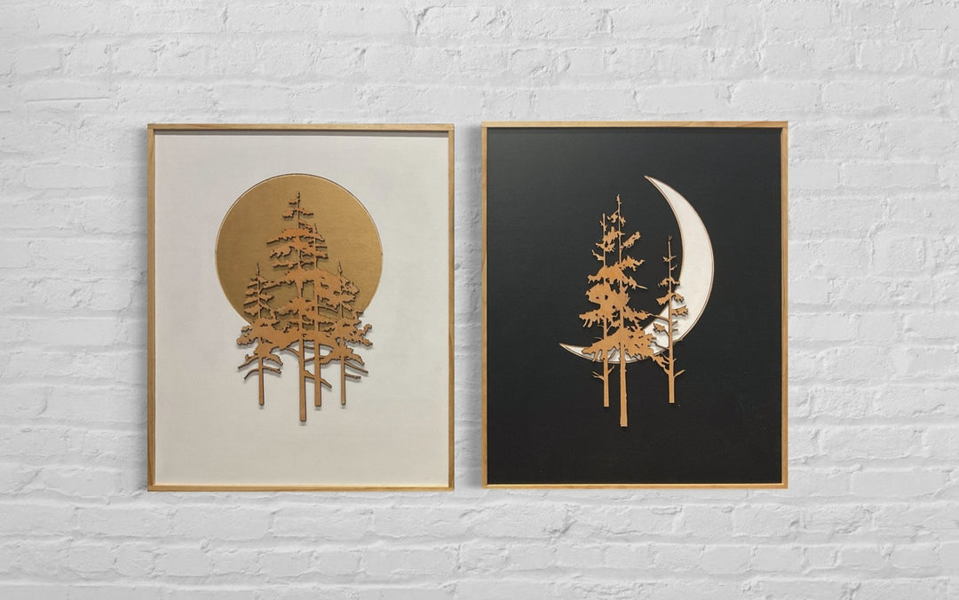 2-Piece Black and White Sun, Moon, and Trees Wood Wall Art Set - Vintage Adventures, LLC