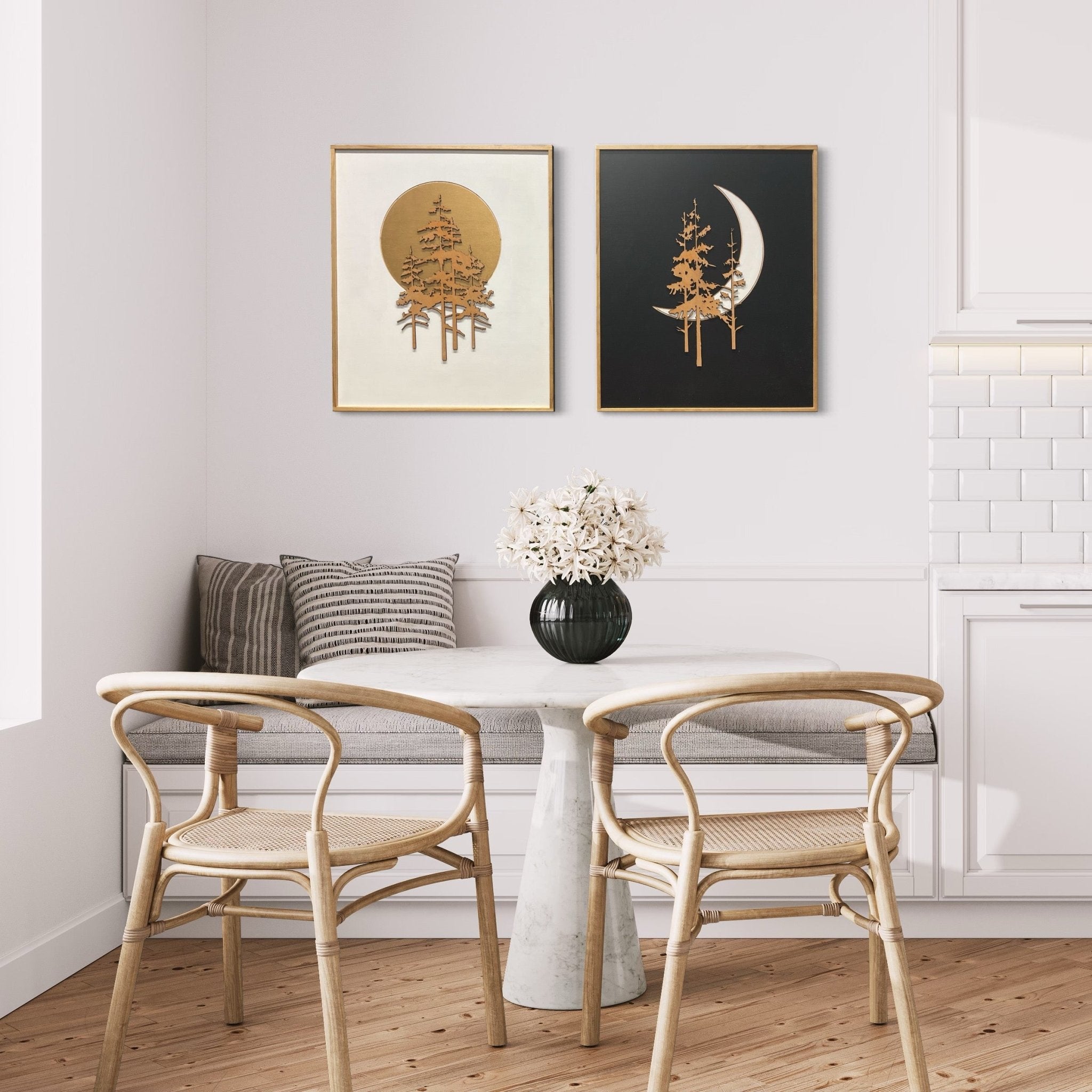 2-Piece Black and White Sun, Moon, and Trees Wood Wall Art Set