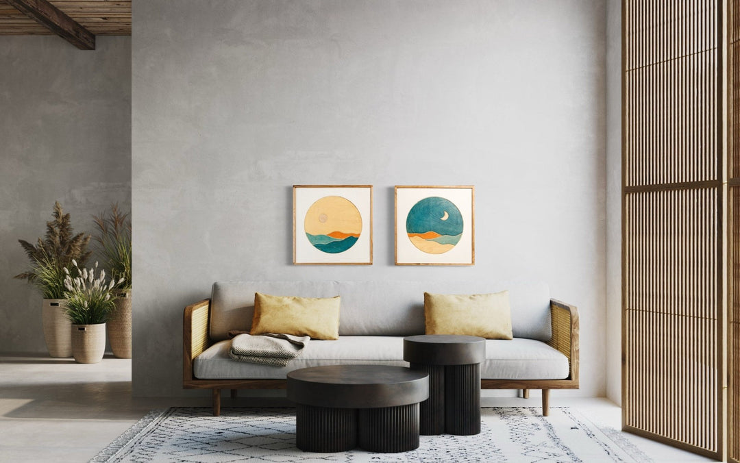 2-Piece Boho Orange and Teal Circle Mountain Wood Wall Art Set - Vintage Adventures, LLC