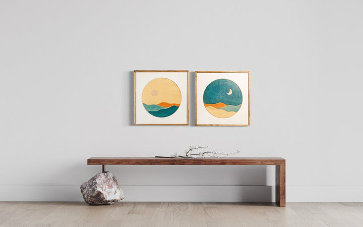 2-Piece Boho Orange and Teal Circle Mountain Wood Wall Art Set - Vintage Adventures, LLC