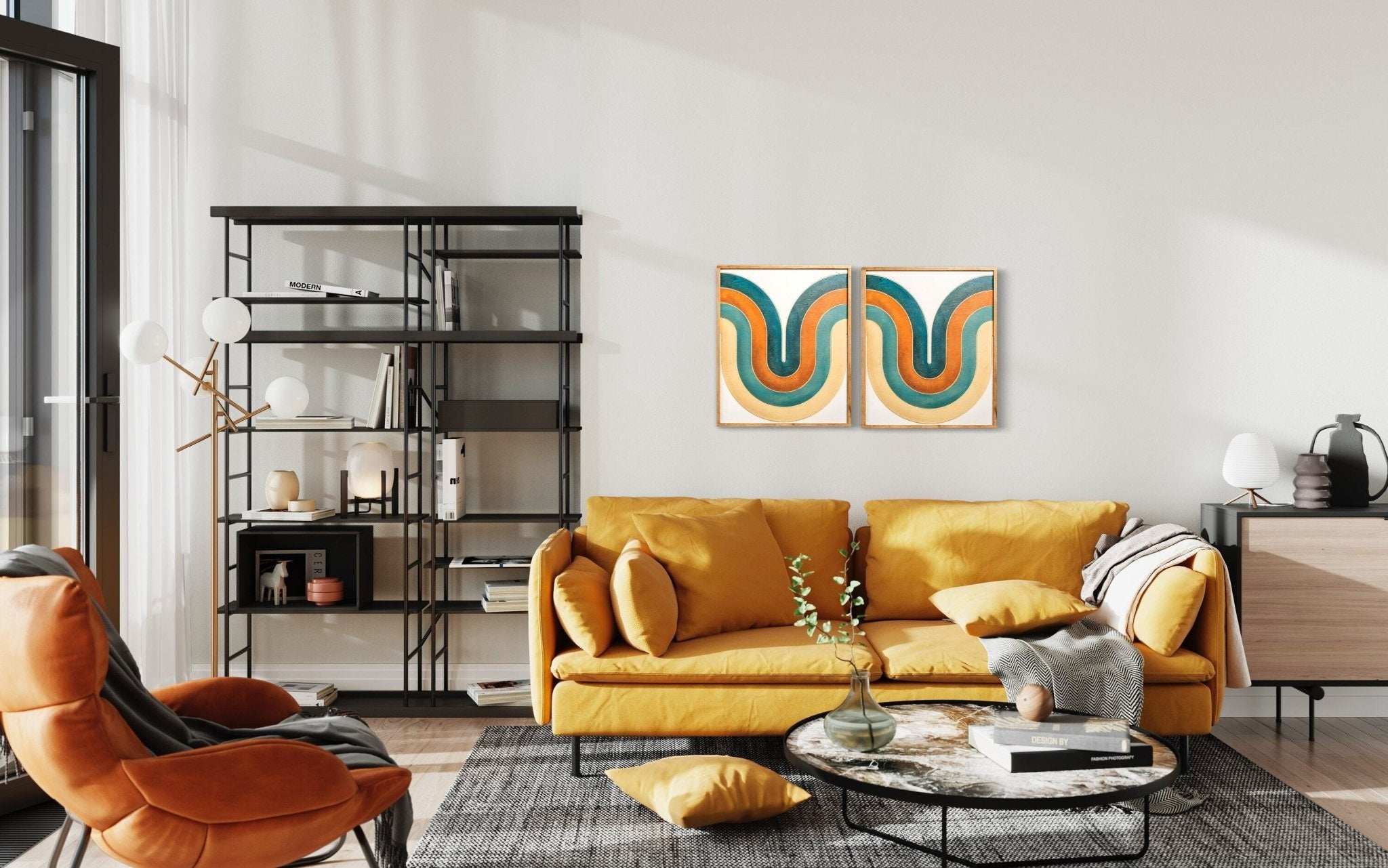 2-Piece Mid Century Modern Orange and Teal Swoosh Wood Wall Art 2-Piece Mid Century Modern Orange and Teal Swoosh Wood Wall Art