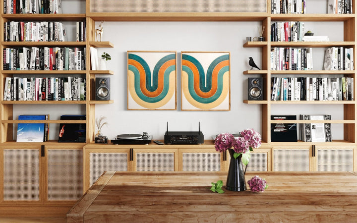 2-Piece Mid Century Modern Orange and Teal Swoosh Wood Wall Art Set - Vintage Adventures, LLC