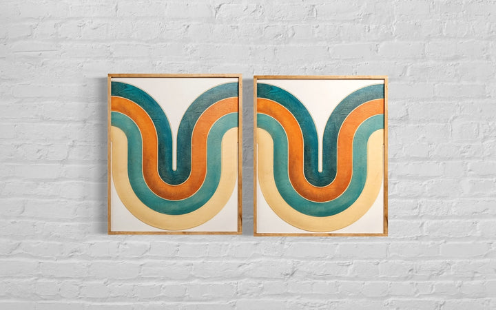 2-Piece Mid Century Modern Orange and Teal Swoosh Wood Wall Art Set - Vintage Adventures, LLC