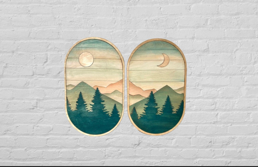 2-Piece Oval Boho Sun and Moon Forest and Mountains Wood Wall Art Set - Vintage Adventures, LLC