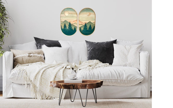 2-Piece Oval Boho Sun and Moon Forest and Mountains Wood Wall Art Set - Vintage Adventures, LLC