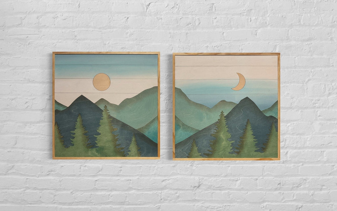 2-Piece Square Sun and Moon Mountain Scene Wood Wall Art Set - Vintage Adventures, LLC
