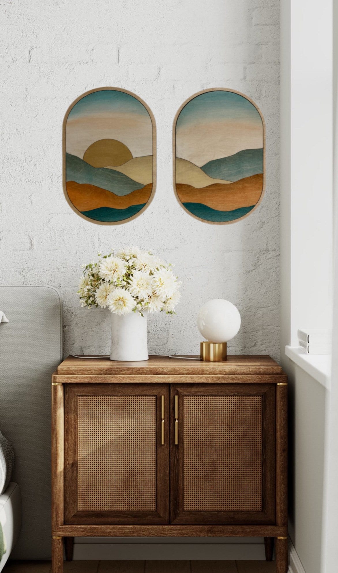 2-Piece Teal and Orange Oval Boho Wood Wall Art - Vintage