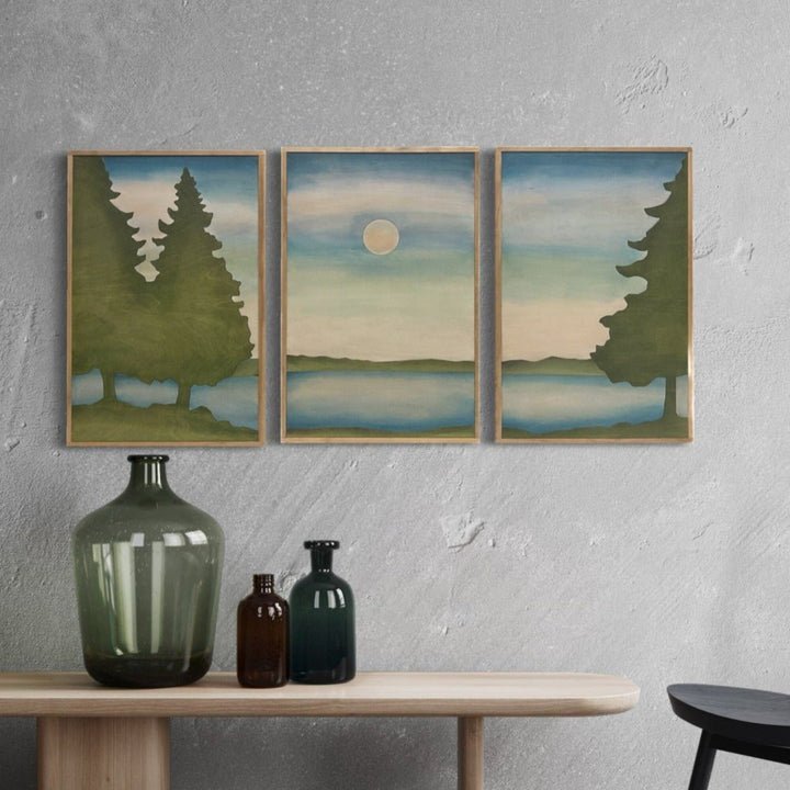 3-Piece Blue and Green Lake Landscape Scene Wall Art Set - Vintage Adventures, LLC