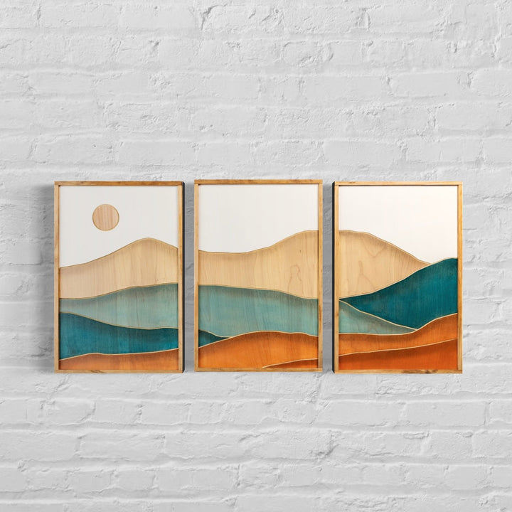 3-Piece Boho Teal Mountain Engraved Wood Wall Art Set - Vintage Adventures, LLC